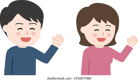 Young Couple Saying Hello To Someone With Gestures. Vector Illustration Isolated On White Background.