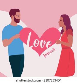 Young couple saying love words. Girlfriend and boyfriend holding heart shape.  Relationship, Love, Valentine's day, Romantic concept. Editable vector illustration