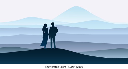 Young couple in scenic Landscape hills mountaine valley silhouette panorama horizon minimal style. Man and woman are looking at the new goals. Vector minimalist poster banner template illustration