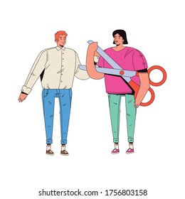 joven pareja con tijeras avatares caracteres diseño de ilustración vectorial