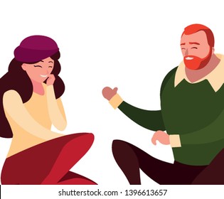 young couple seated characters vector illustration design