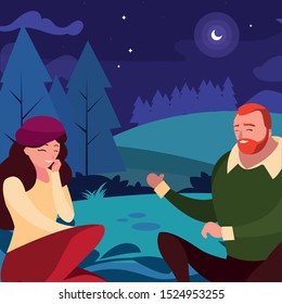 young couple seated in the field at night vector illustration design