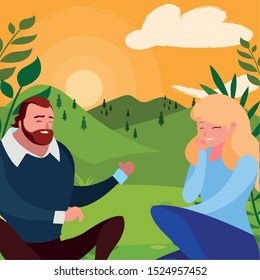 young couple seated in the field vector illustration design