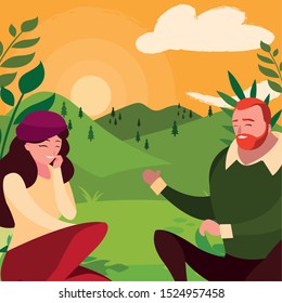 young couple seated in the field vector illustration design
