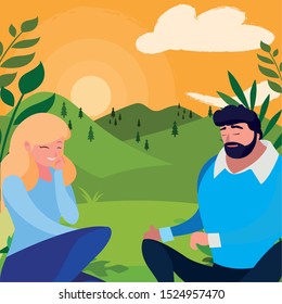 young couple seated in the field vector illustration design