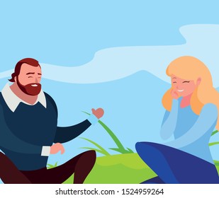 young couple seated in the field vector illustration design