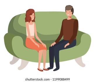 young couple seated in sofa avatar character
