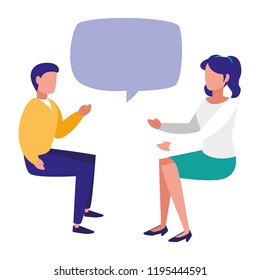 young couple seated talking