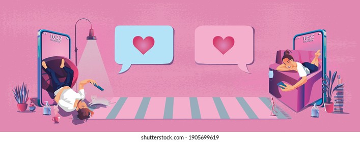 Young couple sending love messages heart shaped Valentine's Day  This romantic and cute pink tone looks good for saying love, use smartphone or device screen vector flat design illustration.