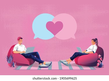 Young couple sending love messages heart-shaped Valentine's Day  This romantic and cute pink tone looks good for saying love, use a smartphone or device screen vector flat design illustration.