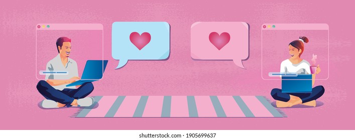 Young couple sending  love messages heart shaped Valentine's Day  This romantic and cute pink tone looks good for saying love, use smartphone or device screen vector flat design illustration.
