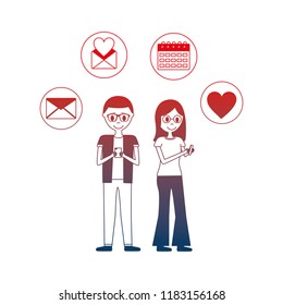 young couple with set icons avatar character