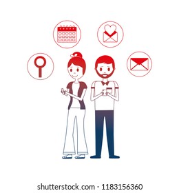 young couple with set icons avatar character