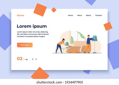 Young couple setting up home. Furniture, torches, lamps flat vector illustration. Housing, housekeeping, interior design concept for banner, website design or landing web page