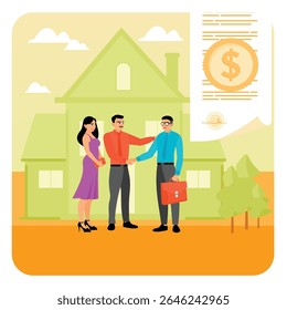 A young couple shakes hands with a loan officer in front of their house after obtaining a mortgage for the purchase of a property. Real estate broker concept.