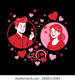 A young couple shares affection with glowing hearts and icons