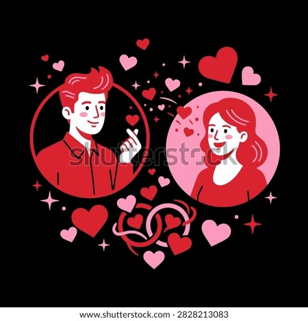 A young couple shares affection with glowing hearts and icons
