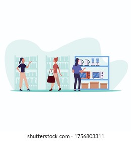 young couple shopping appliances activity characters vector illustration design