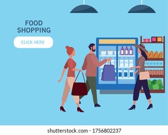 young couple shopping groceries activity characters vector illustration design