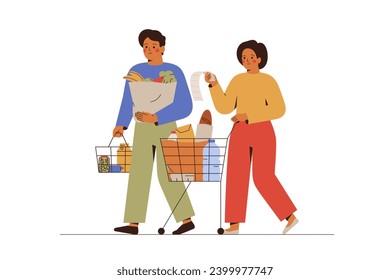 Young couple shopping groceries together. Man and woman go with cart and bags full of fresh food and drinks. Family buy products in supermarket and check their expenses. Vector illustration