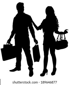 Young couple shopping and holding many shopping bags, vector 