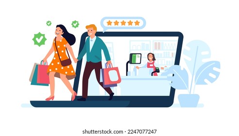 Young couple shopping online. People buying clothes by laptop. Customers making purchases. Computer application. Happy buyers with store bags. Internet shop. Rating stars