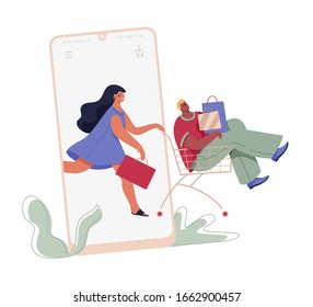 Young couple shopping online vector isolated illustration. Modern flat character for web and app design, season sales, marketing materials, e-commerce.