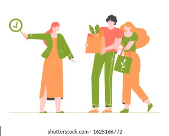 Young couple is shopping in a store without plastic. Eco-friendly packaging and bags. Female expert approves. Zero waste life in eco style. Vector flat illustration.