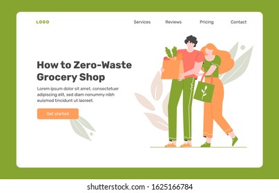 Young couple is shopping in a store without plastic. Eco-friendly packaging and bags. Zero waste life in eco style. Landing page design concept with vector flat illustration.
