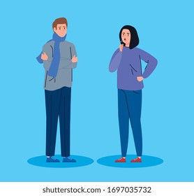 young couple sick avatar characters vector illustration design