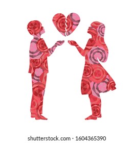 Young Couple Silhouette holding Heart Red Pink