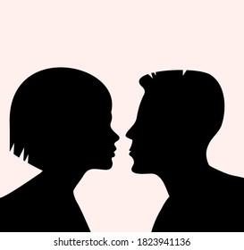 Young couple silhouette in love. Second before kiss. vector illustration. Place for an inscription.