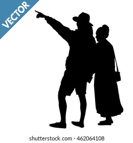Young couple silhouette pointing forward on white background, vector illustration
