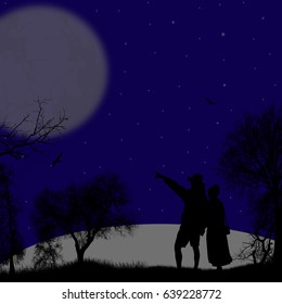 Young couple silhouette pointing forward on beautiful blue night, vector illustration