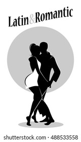 Young couple silhouettes dancing latin music: Bachata, merengue, salsa