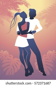 Young couple silhouettes dancing latin music: bachata, salsa, merengue, samba...