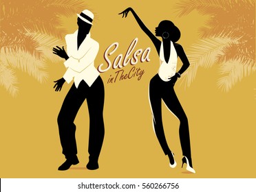 Young couple silhouettes dancing salsa or latin music. Vector illustration.