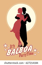 Young couple silhouettes wearing retro clothing, dancing "balboa" style swing