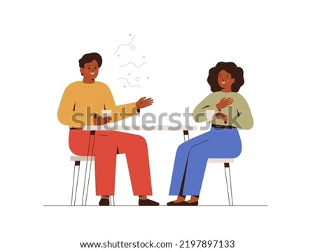 Young couple sit at cafe table and talking or chatting. Black man and woman on romantic date or friendly meeting. Two collegues spend time together at coffee break. Vector illustration.
