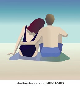 Young couple sit front of sea hugged holidays postcard