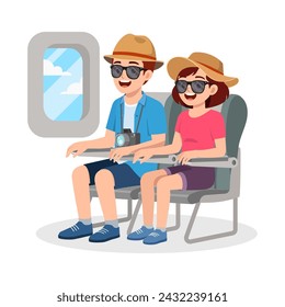 young couple sit on airplane seat and travel