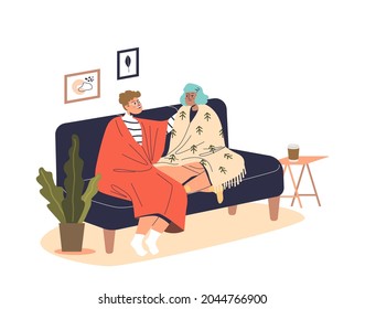 Young couple sit on couch covered with warm blankets suffer from cold indoors. Man and woman freezing in living room at home during winter season. Cartoon flat vector illustration