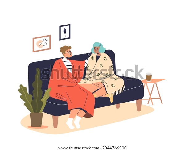 Young\
couple sit on couch covered with warm blankets suffer from cold\
indoors. Man and woman freezing in living room at home during\
winter season. Cartoon flat vector\
illustration