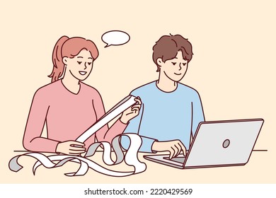 Young couple sit at table at home pay bills online. Man and woman manage expenses on internet on web banking on laptop. Vector illustration. 