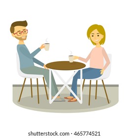 Young couple sits in cafe and drinks coffee. Coffee break. Vector Illustration