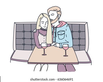Young couple sits in a cafe and drinks wine. Romantic date. The guy hugs the girl. Lineart colorful flat illustration.
