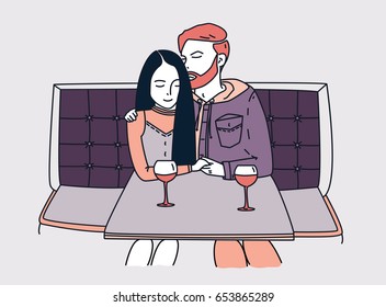 Young couple sits in a cafe and drinks wine. Romantic date. Red-haired guy hugs girl. Lineart colorful flat illustration.