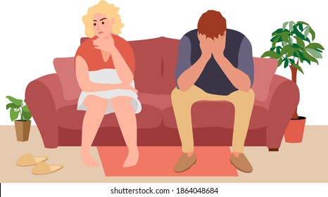 A young couple sits of the couch and quarrels. People spend time at home. The psychological concept of family quarrel and misunderstanding. Home conflict. Family quarrel or couple conflict.