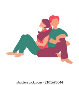 Young couple sitting with back to each other St Valentine card Flat vector illustration