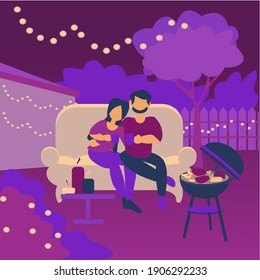 Young couple sitting in the backyard at night Romantic date in garden Vector flat illustration